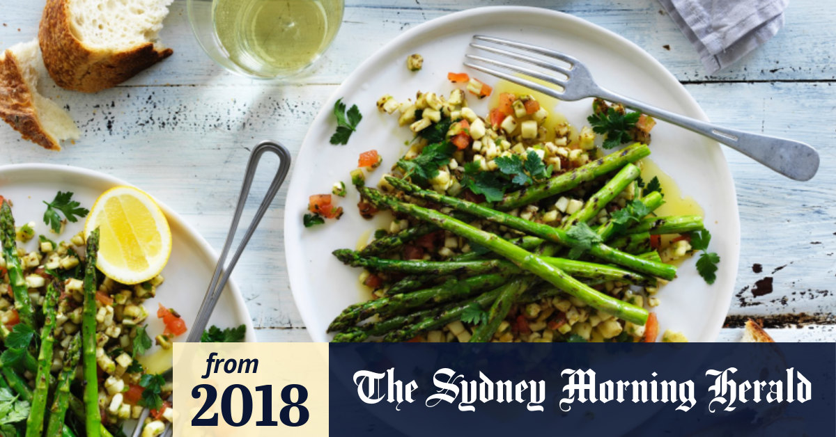 Neil Perry's barbecued asparagus with spiced eggplant salad